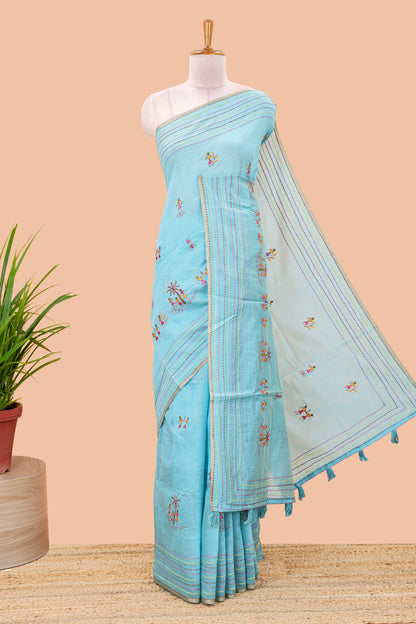 Blue chanderi cotton saree with warli art embroidered body and vertical stitched pallu