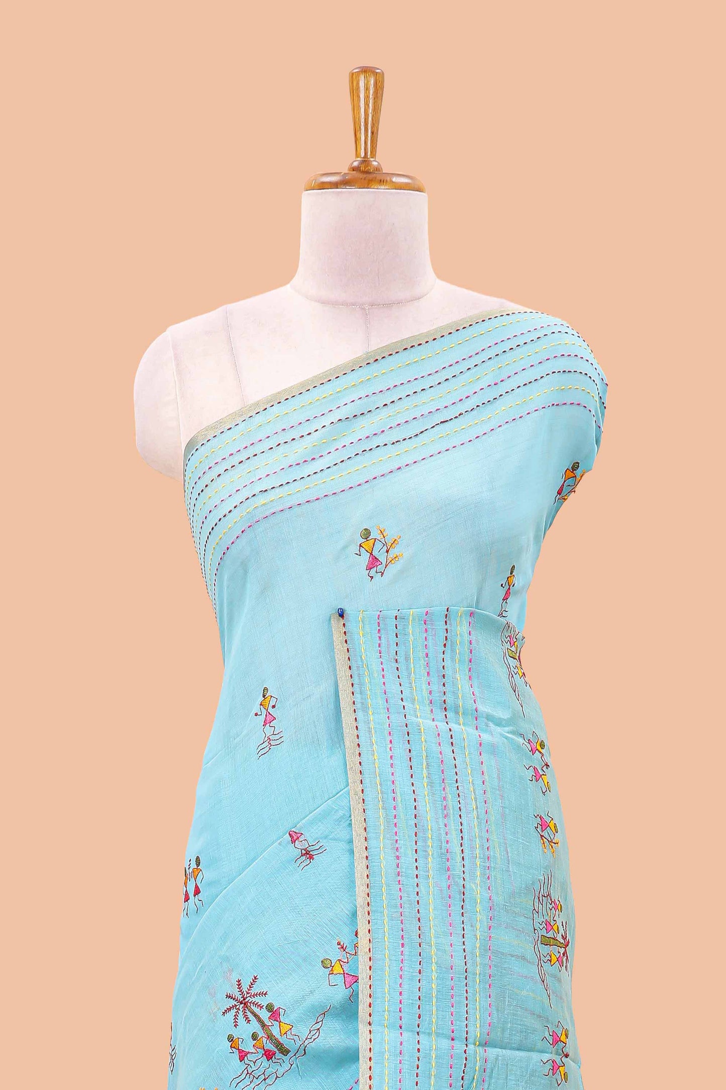 Blue chanderi cotton saree with warli art embroidered body and vertical stitched pallu