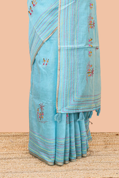 Blue chanderi cotton saree with warli art embroidered body and vertical stitched pallu
