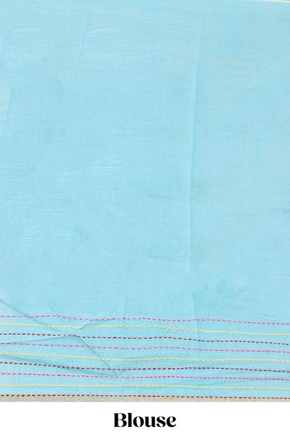 Blue chanderi cotton saree with warli art embroidered body and vertical stitched pallu