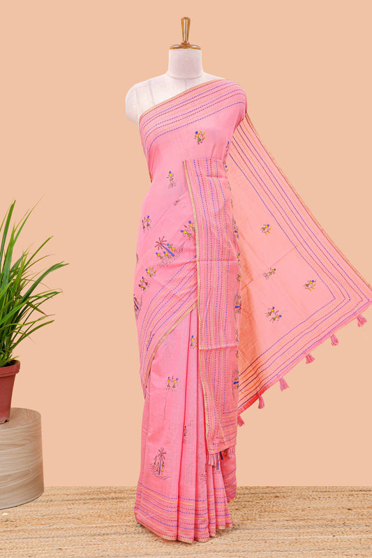 Pink chanderi cotton saree with warli art embroidered body and vertical stitched pallu