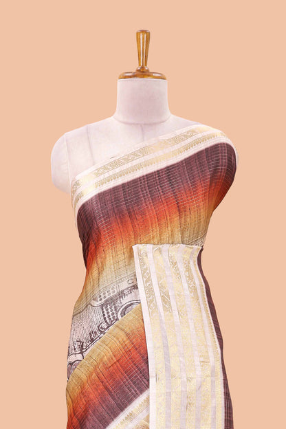 Brown dola silk saree with temple architecture print, zari striped pallu and border