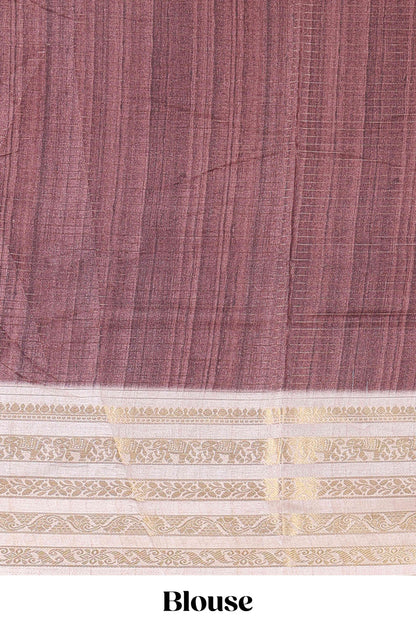 Brown dola silk saree with temple architecture print, zari striped pallu and border