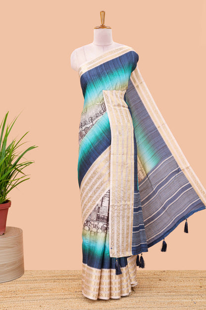 Blue dola silk saree with temple architecture print, zari striped pallu and border
