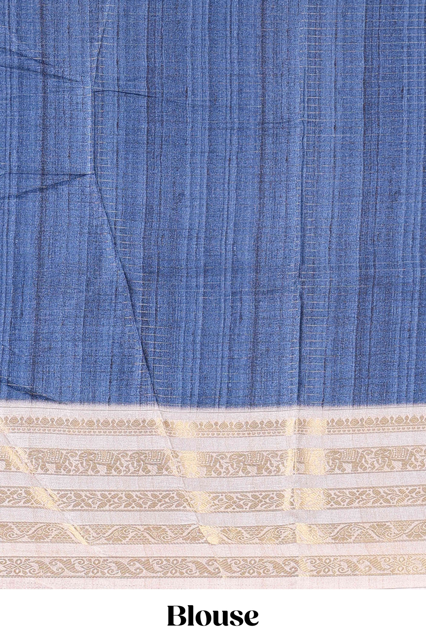 Blue dola silk saree with temple architecture print, zari striped pallu and border