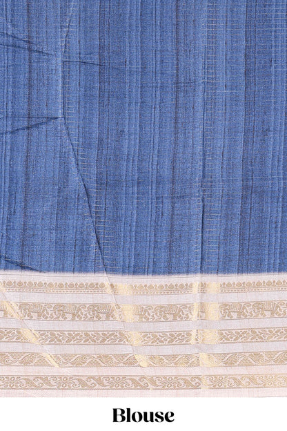 Blue dola silk saree with temple architecture print, zari striped pallu and border