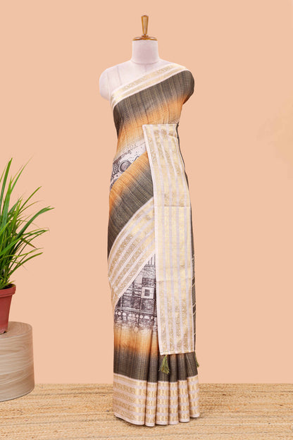 Green dola silk saree with temple architecture print, zari striped pallu and border