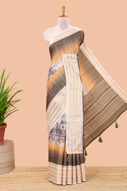 Green dola silk saree with temple architecture print, zari striped pallu and border