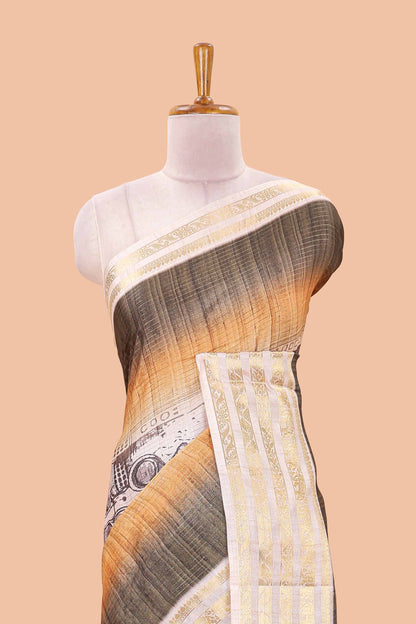 Green dola silk saree with temple architecture print, zari striped pallu and border