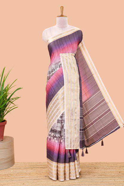 Lavender dola silk saree with temple architecture print, zari striped pallu and border