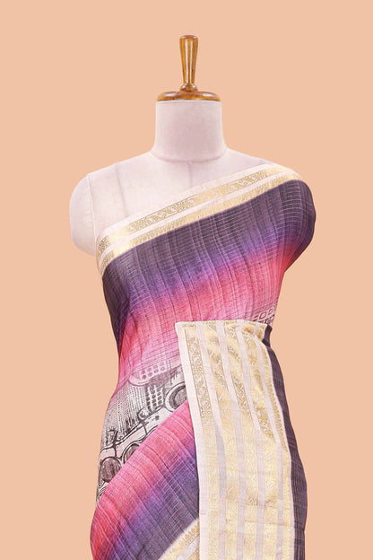 Lavender dola silk saree with temple architecture print, zari striped pallu and border