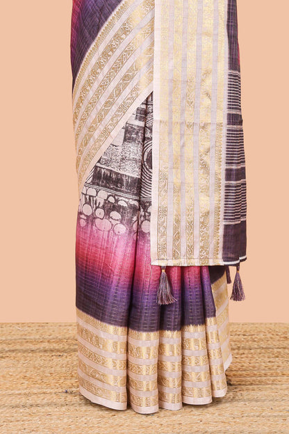 Lavender dola silk saree with temple architecture print, zari striped pallu and border