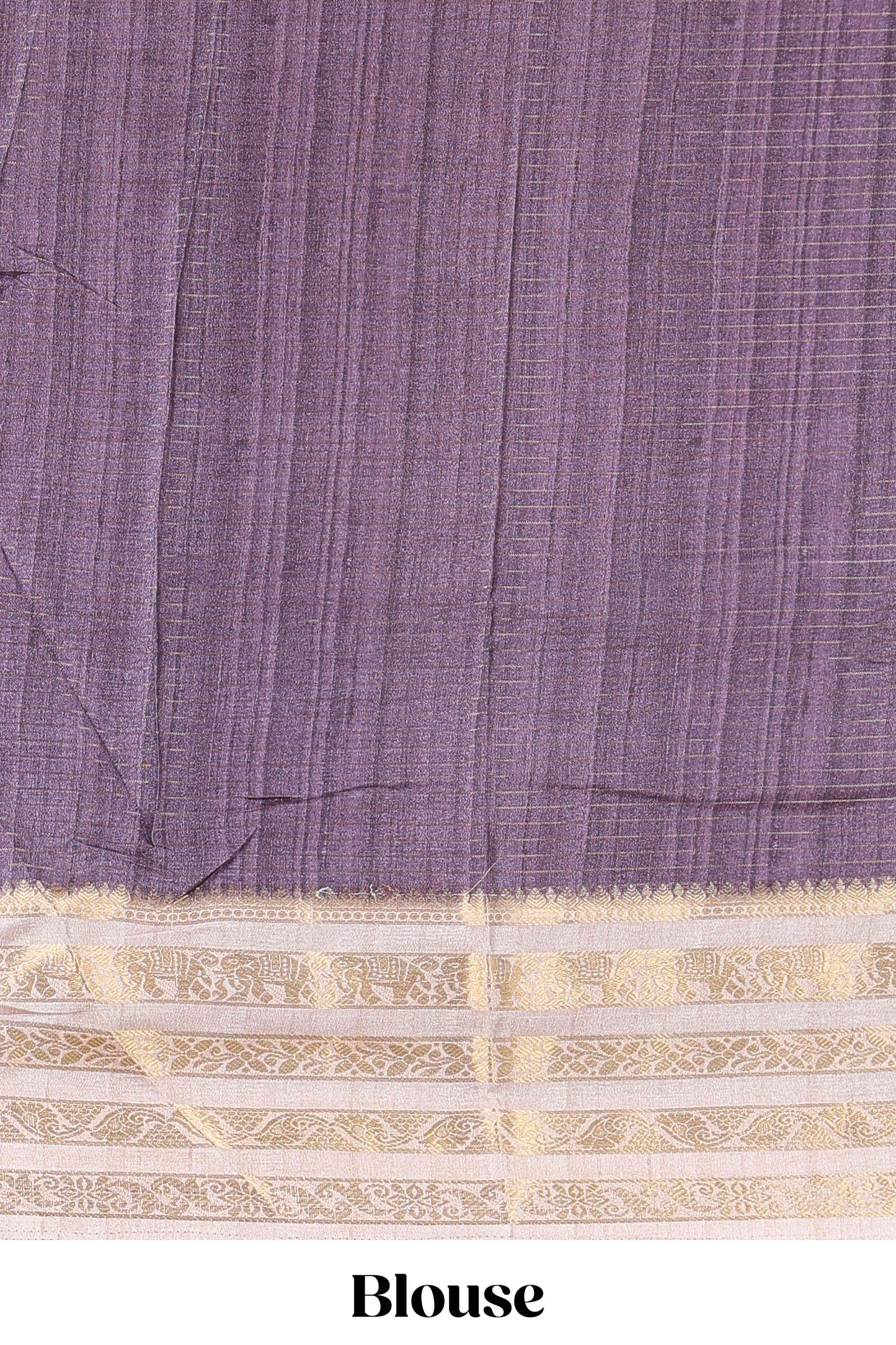 Lavender dola silk saree with temple architecture print, zari striped pallu and border