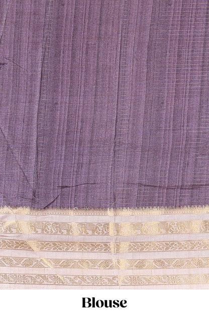 Lavender dola silk saree with temple architecture print, zari striped pallu and border