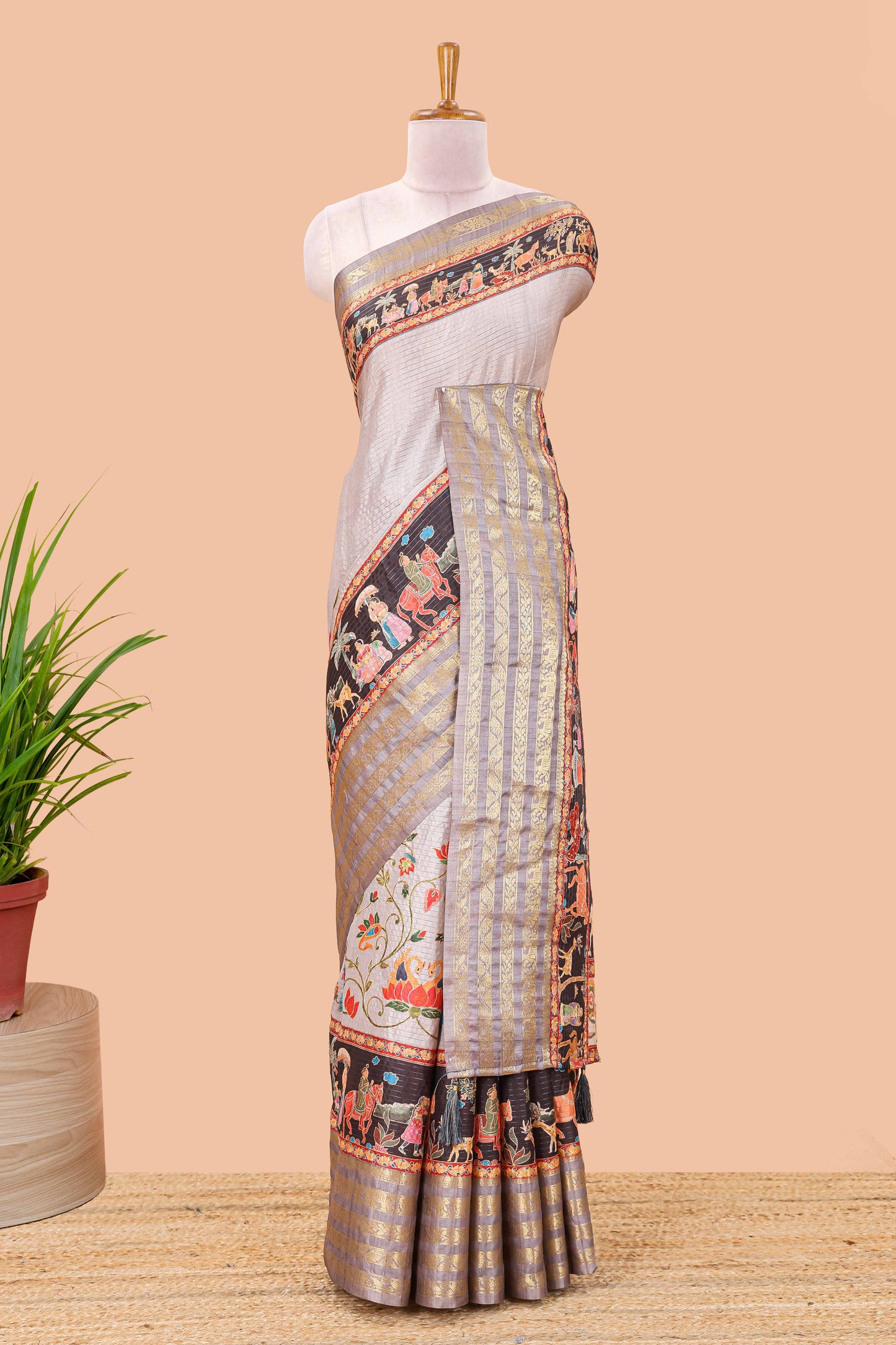 Grey dola silk saree with lotus bird creeper print and village themed pallu