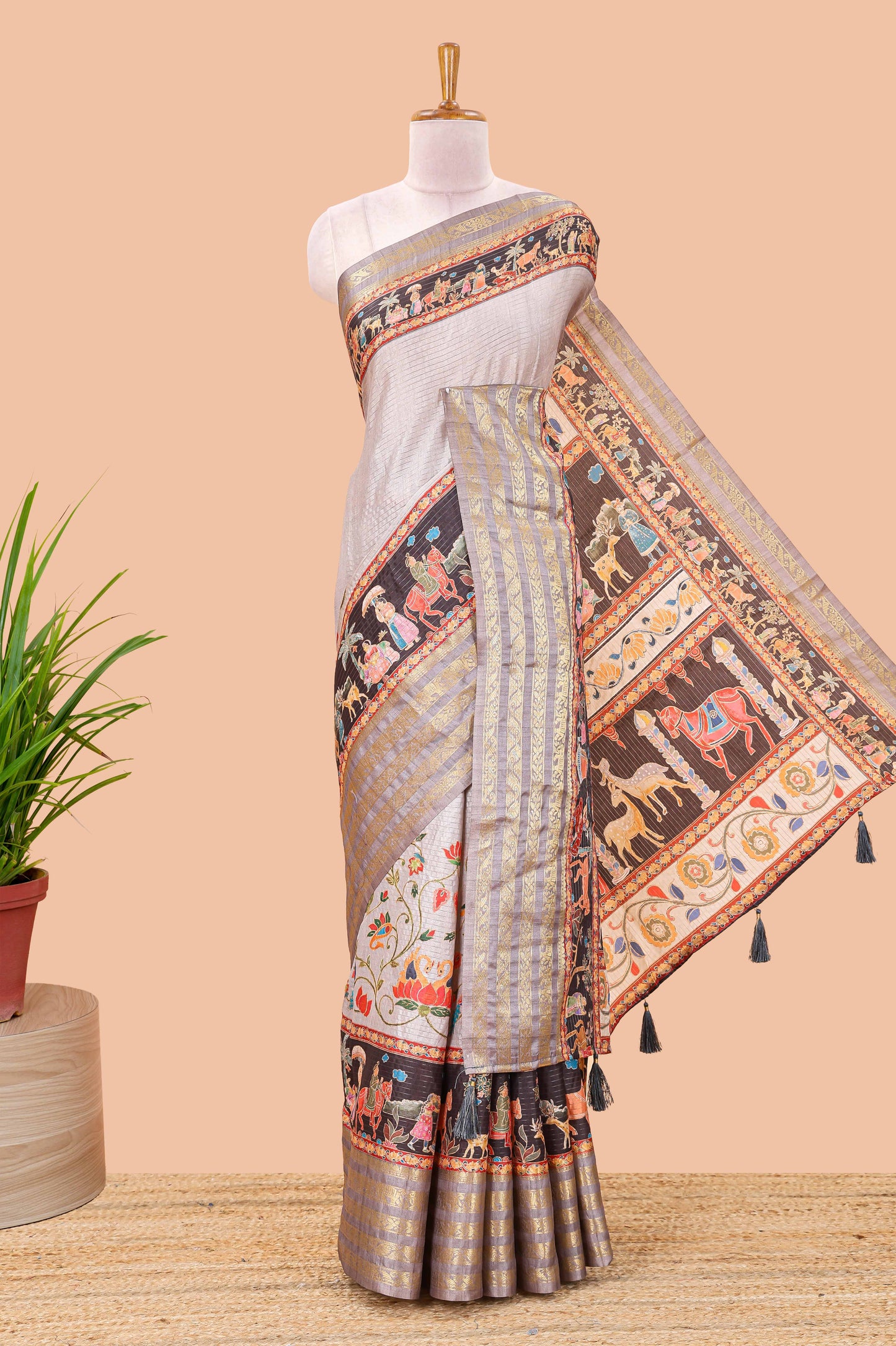 Grey dola silk saree with lotus bird creeper print and village themed pallu
