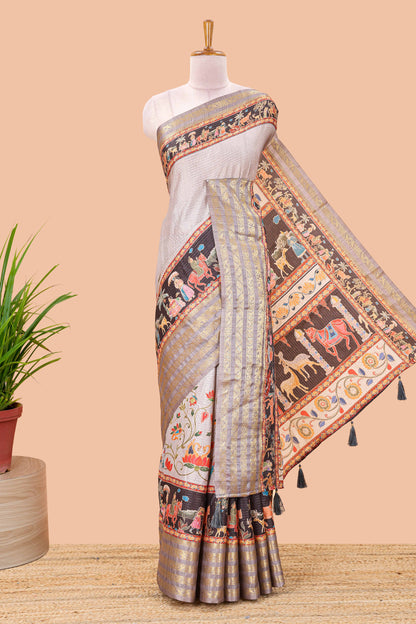 Grey dola silk saree with lotus bird creeper print and village themed pallu