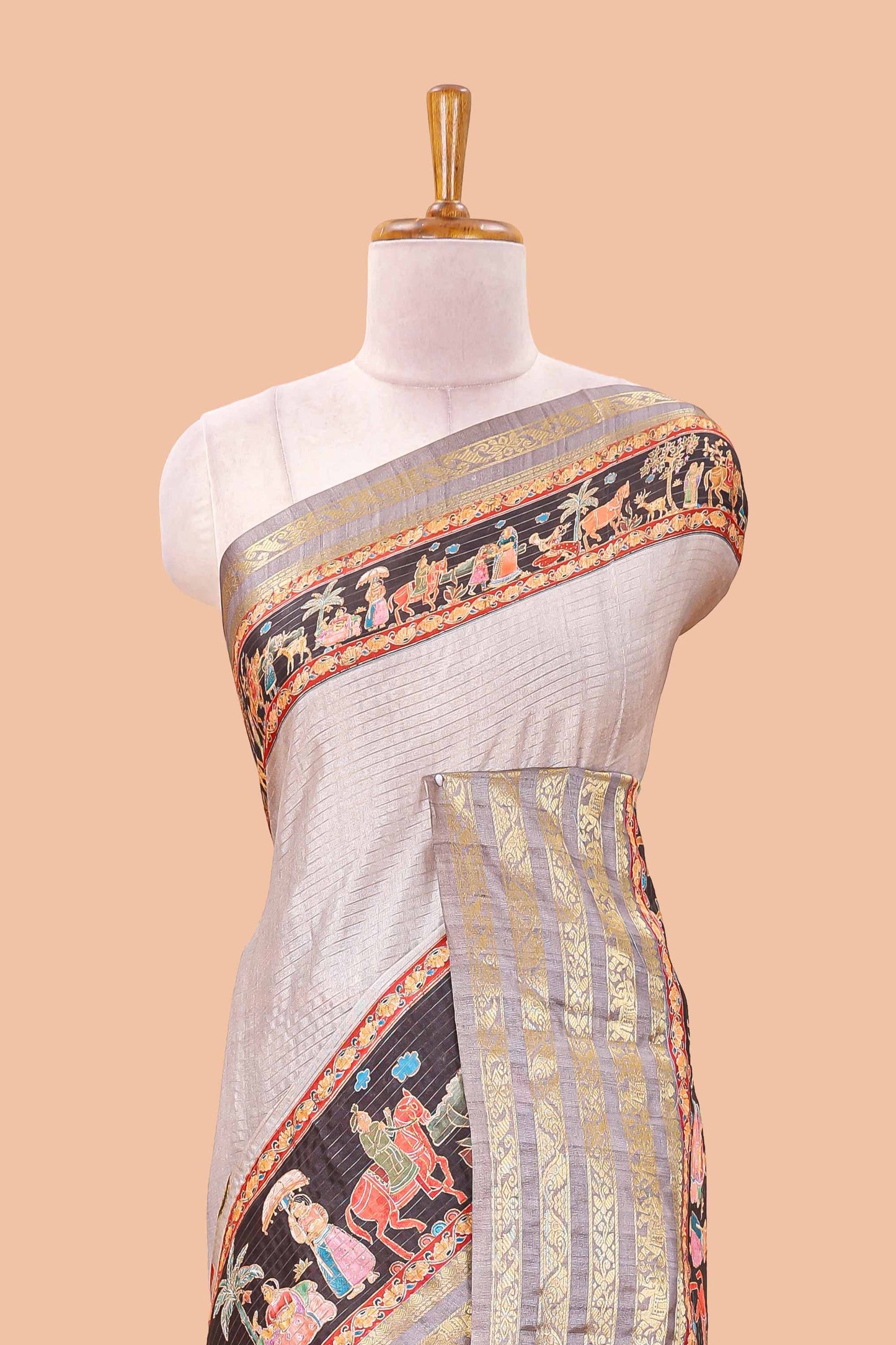 Grey dola silk saree with lotus bird creeper print and village themed pallu