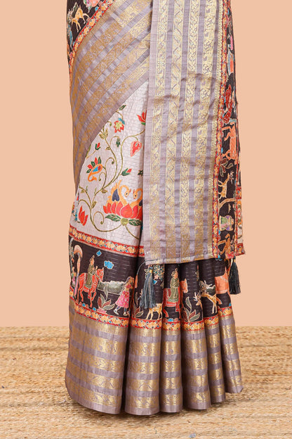 Grey dola silk saree with lotus bird creeper print and village themed pallu