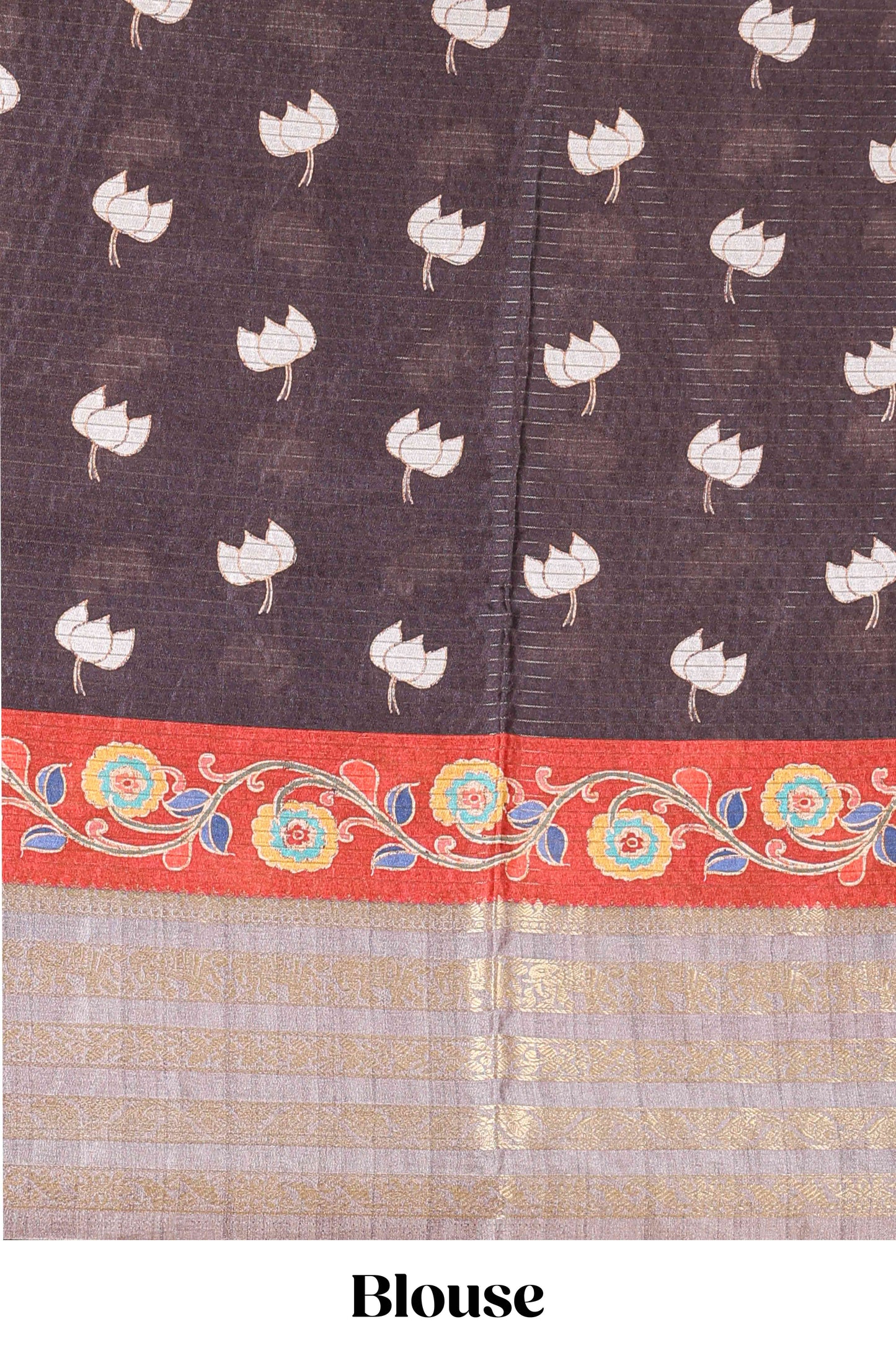 Grey dola silk saree with lotus bird creeper print and village themed pallu