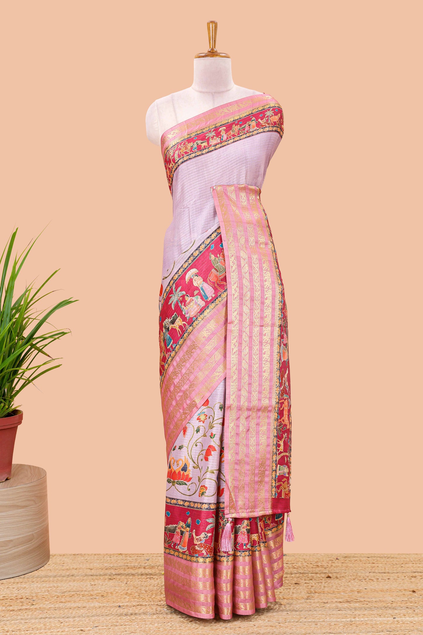 Lavender dola silk saree with lotus bird creeper print and village themed pallu