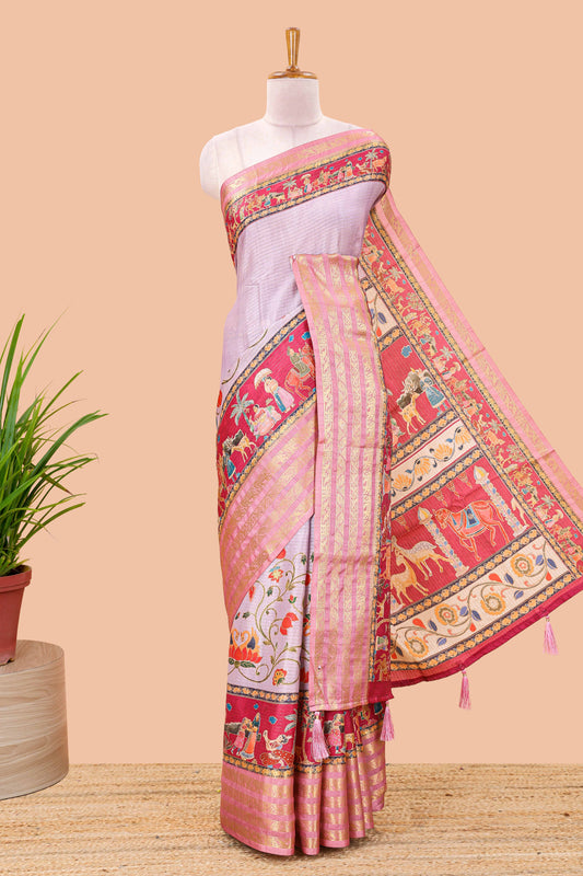 Lavender dola silk saree with lotus bird creeper print and village themed pallu