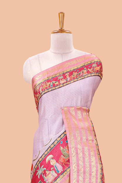 Lavender dola silk saree with lotus bird creeper print and village themed pallu