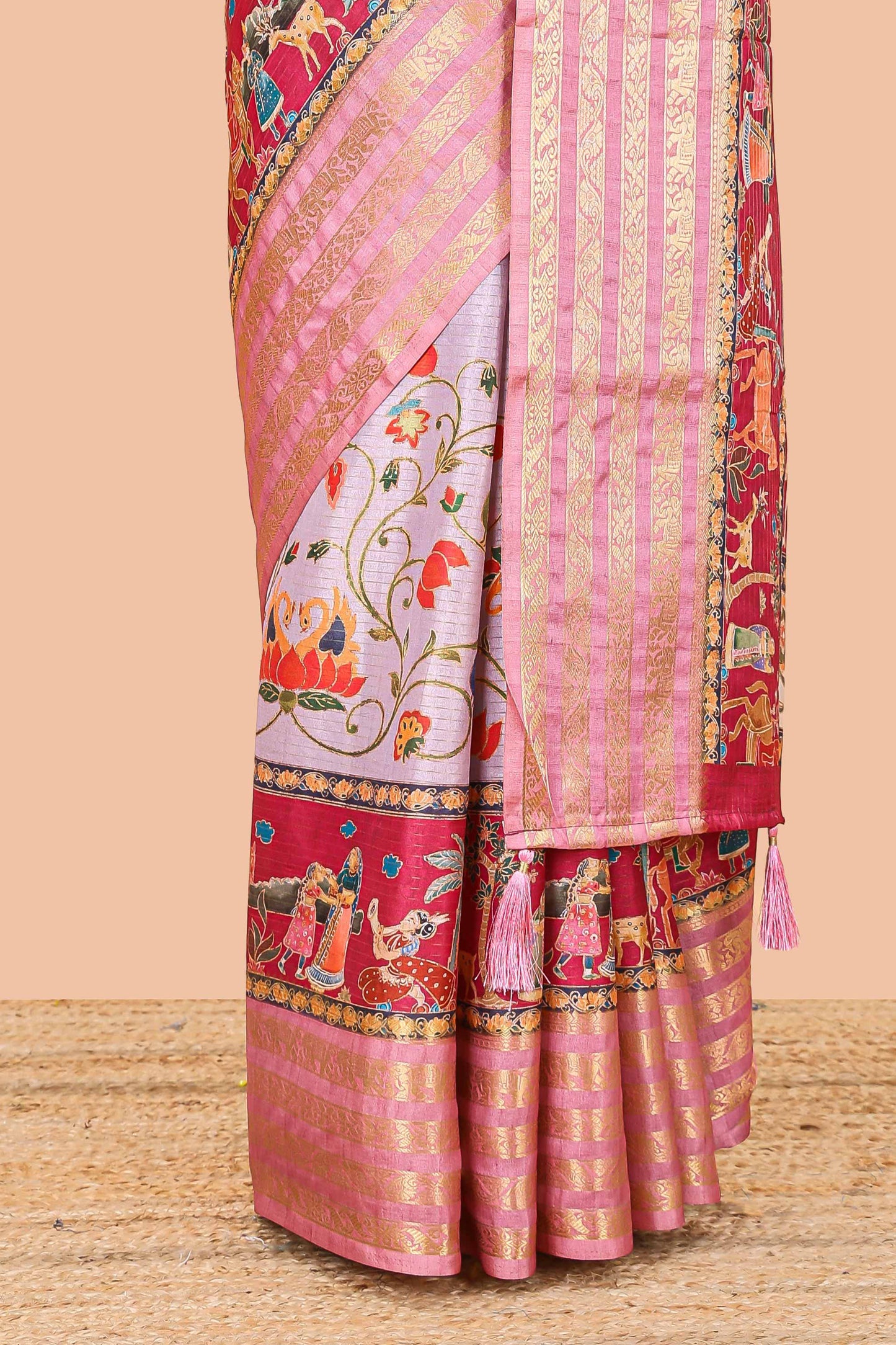 Lavender dola silk saree with lotus bird creeper print and village themed pallu