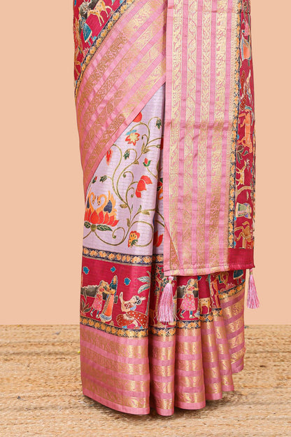 Lavender dola silk saree with lotus bird creeper print and village themed pallu
