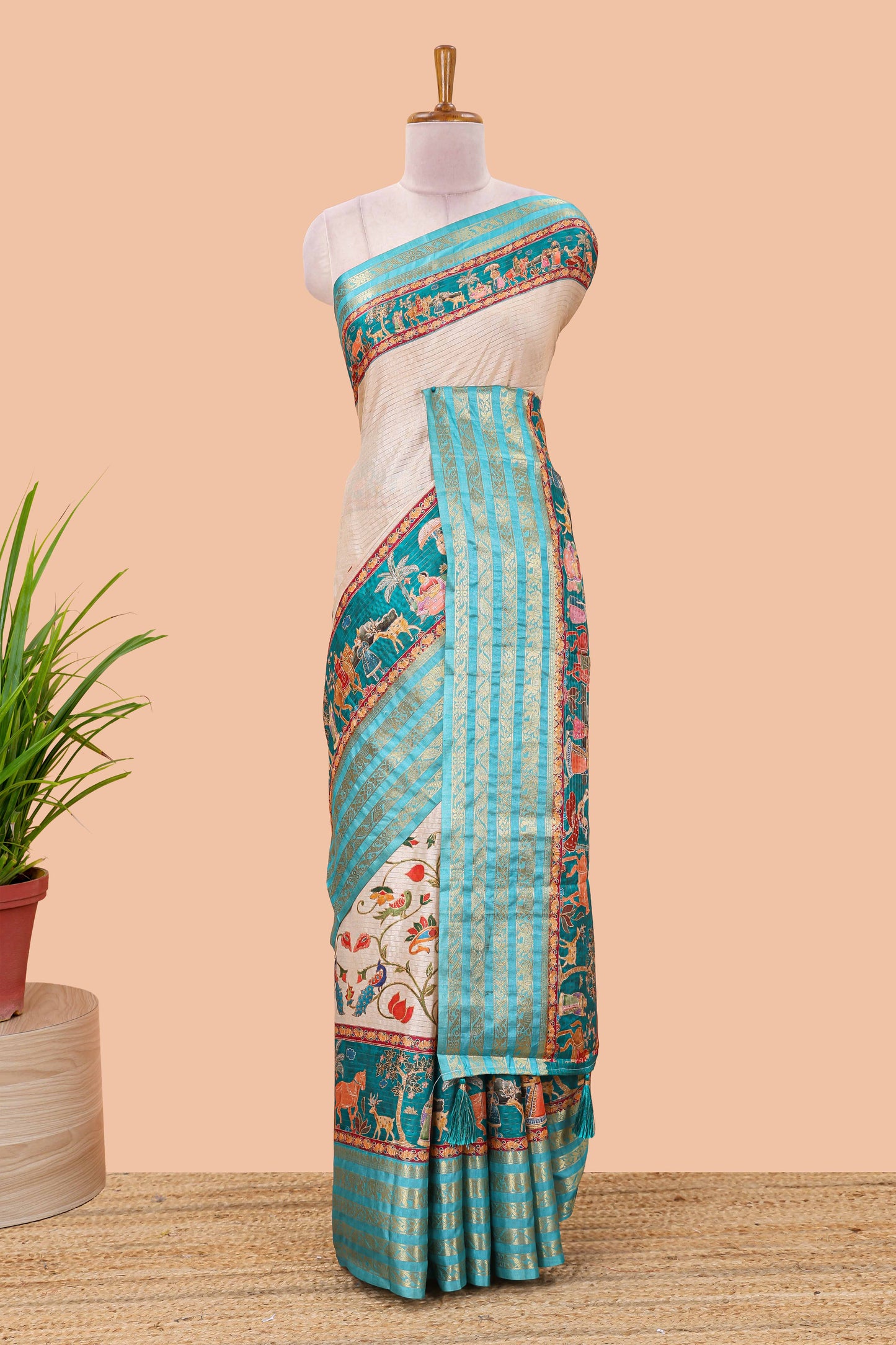Sandal dola silk saree with lotus bird creeper print and village themed pallu