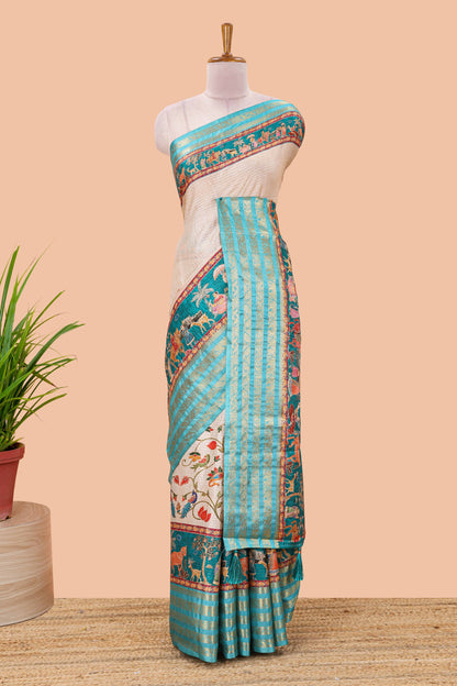 Sandal dola silk saree with lotus bird creeper print and village themed pallu