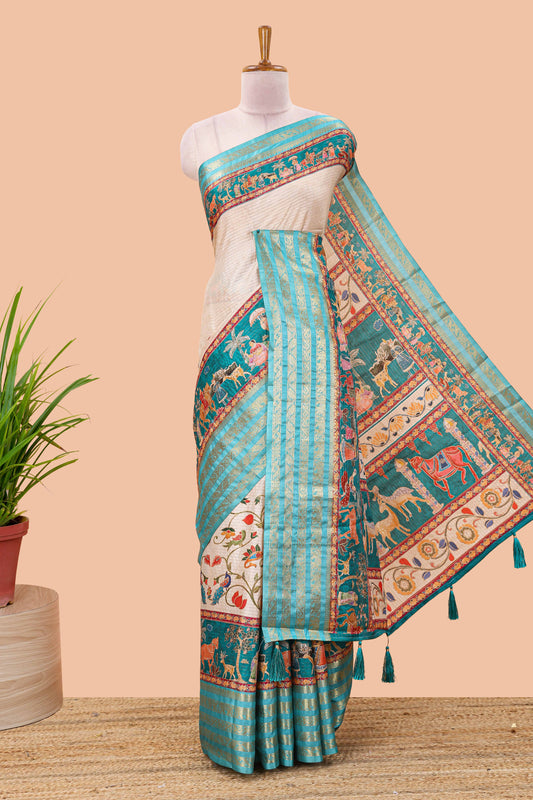 Sandal dola silk saree with lotus bird creeper print and village themed pallu
