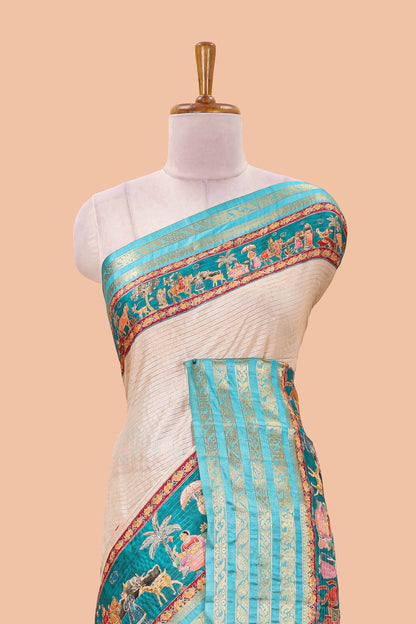 Sandal dola silk saree with lotus bird creeper print and village themed pallu