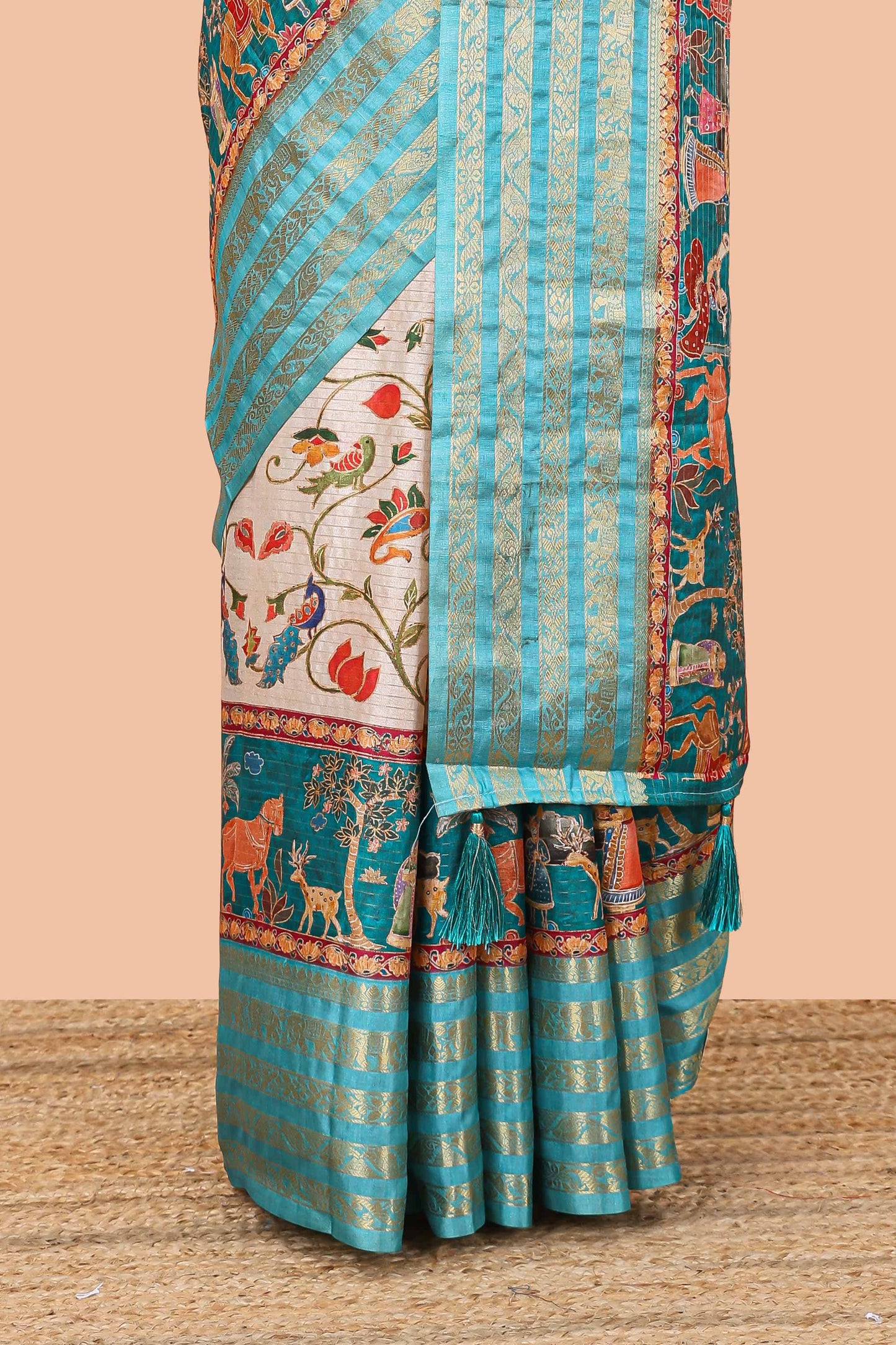 Sandal dola silk saree with lotus bird creeper print and village themed pallu