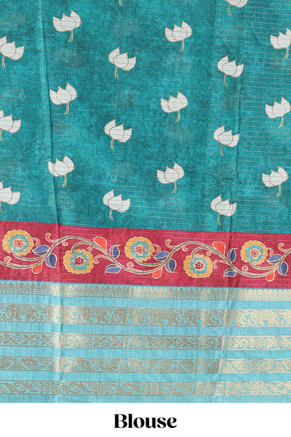 Sandal dola silk saree with lotus bird creeper print and village themed pallu