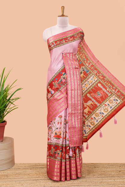 Pink dola silk saree with lotus bird creeper print and village themed pallu