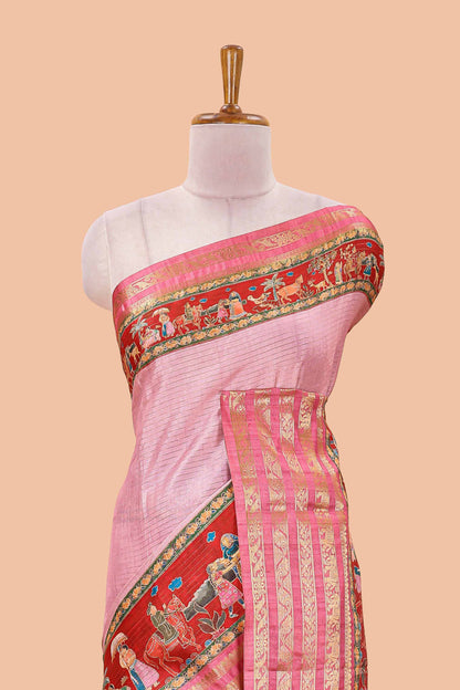 Pink dola silk saree with lotus bird creeper print and village themed pallu