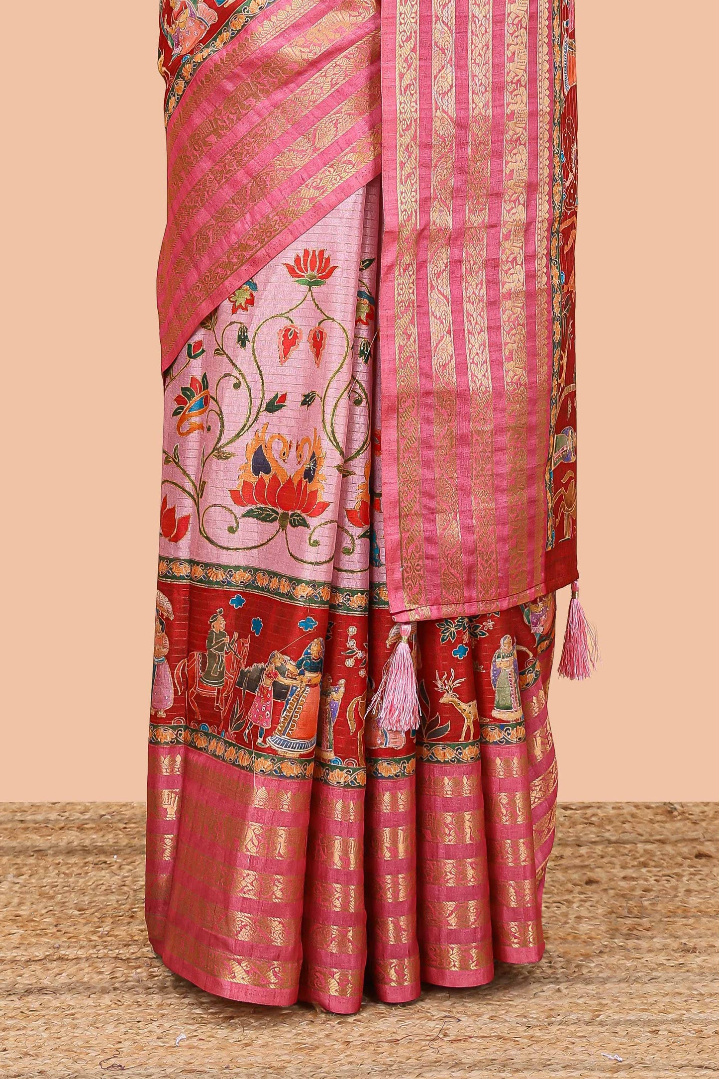 Pink dola silk saree with lotus bird creeper print and village themed pallu