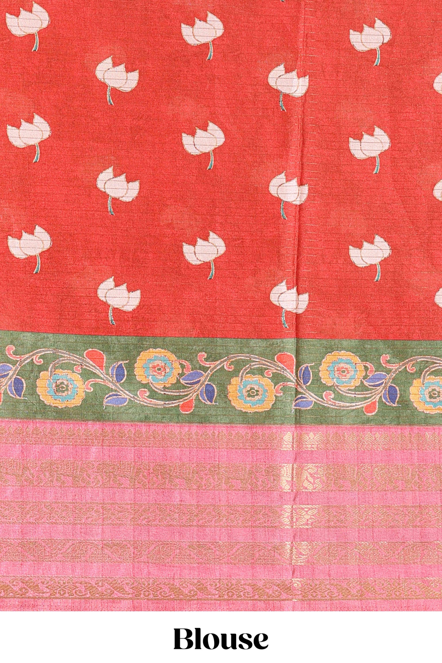 Pink dola silk saree with lotus bird creeper print and village themed pallu