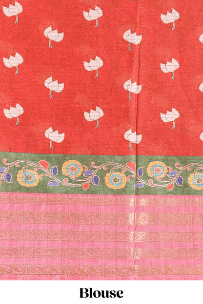 Pink dola silk saree with lotus bird creeper print and village themed pallu