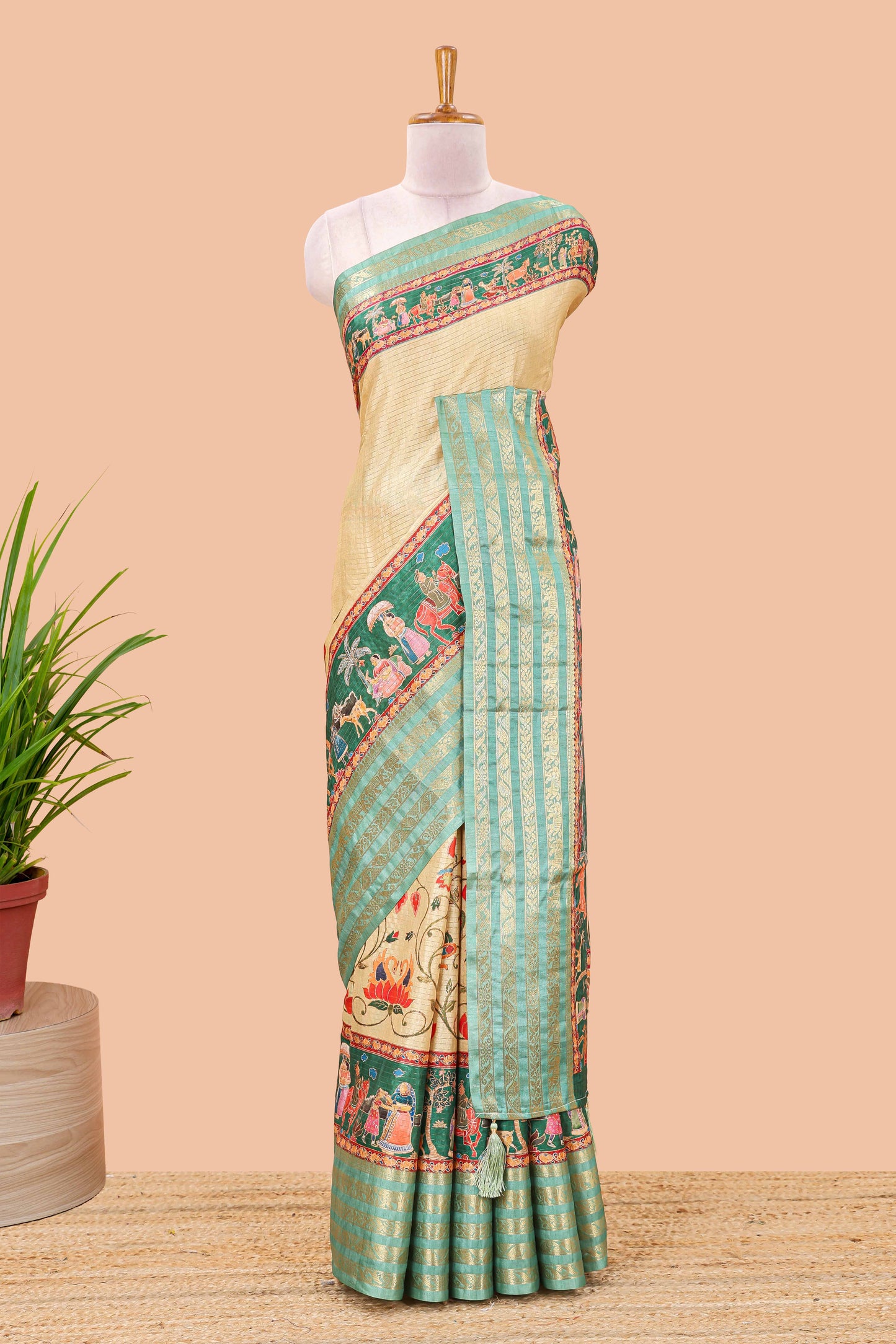 Mustard dola silk saree with lotus bird creeper print and village themed pallu
