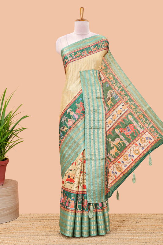 Mustard dola silk saree with lotus bird creeper print and village themed pallu