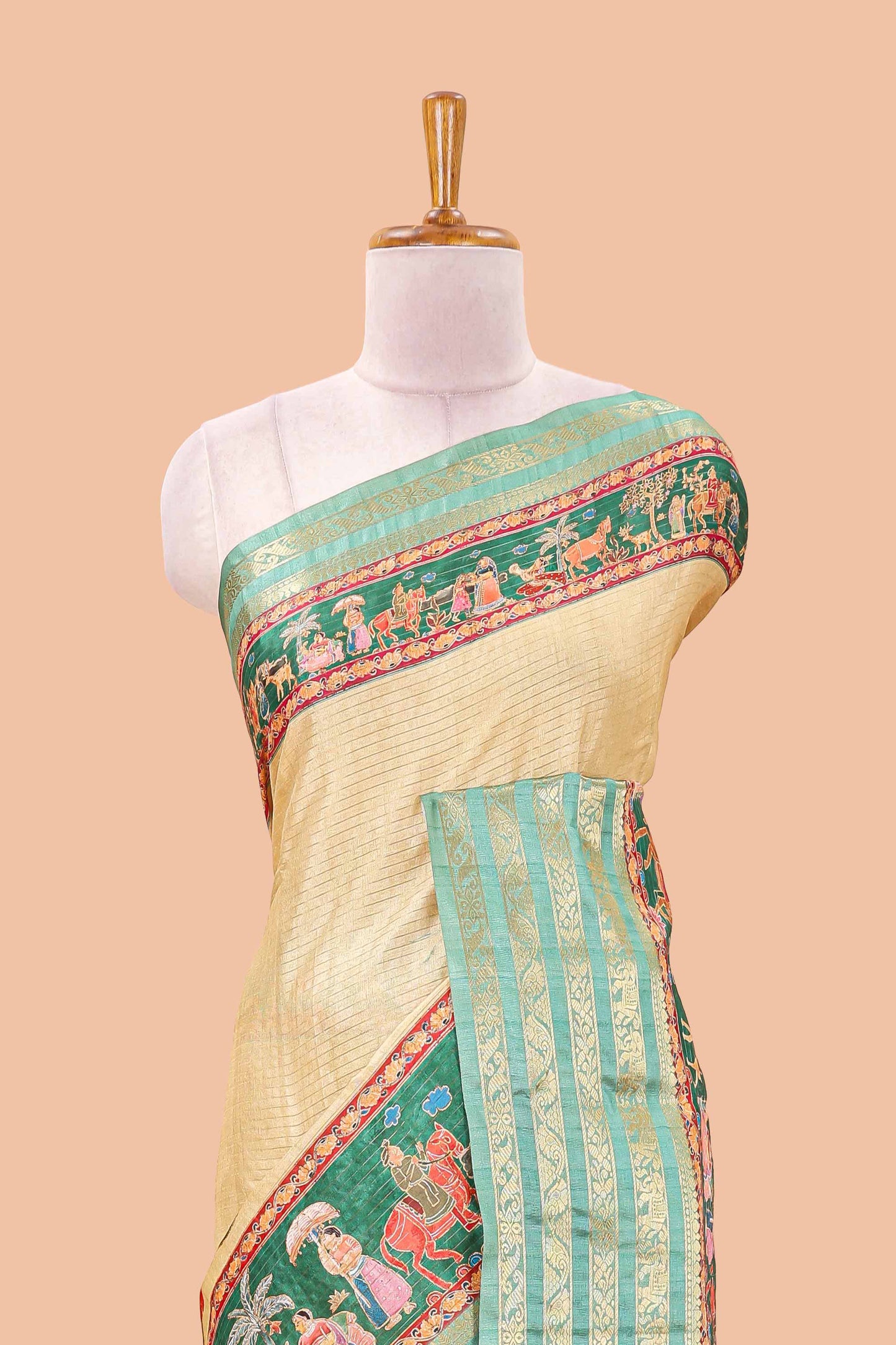 Mustard dola silk saree with lotus bird creeper print and village themed pallu