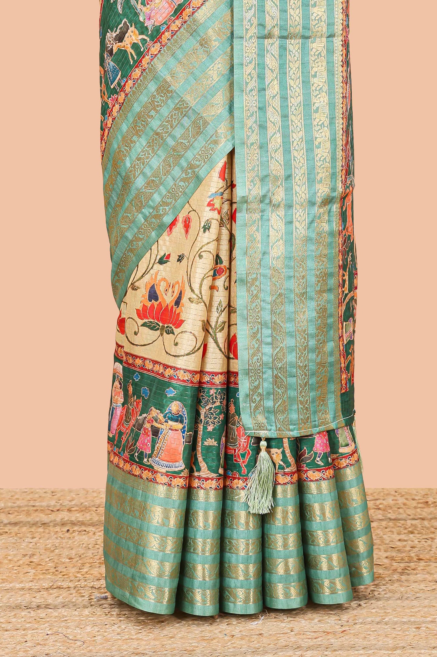 Mustard dola silk saree with lotus bird creeper print and village themed pallu