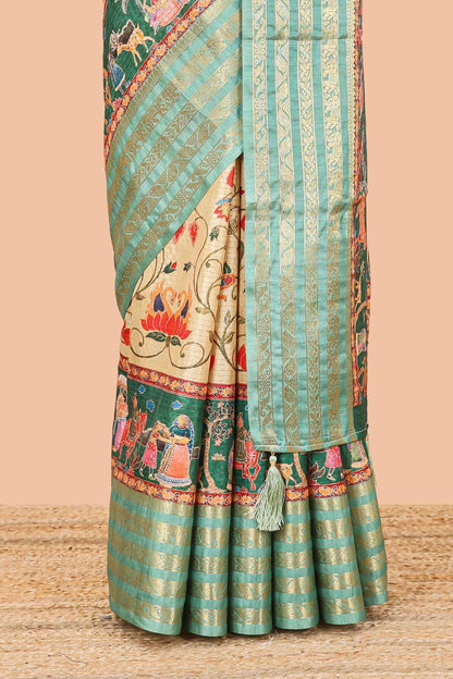 Mustard dola silk saree with lotus bird creeper print and village themed pallu