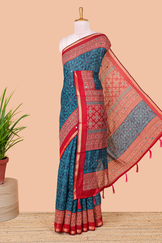 Blue chanderi cotton geometric diamond mirror work saree with contrast zari border