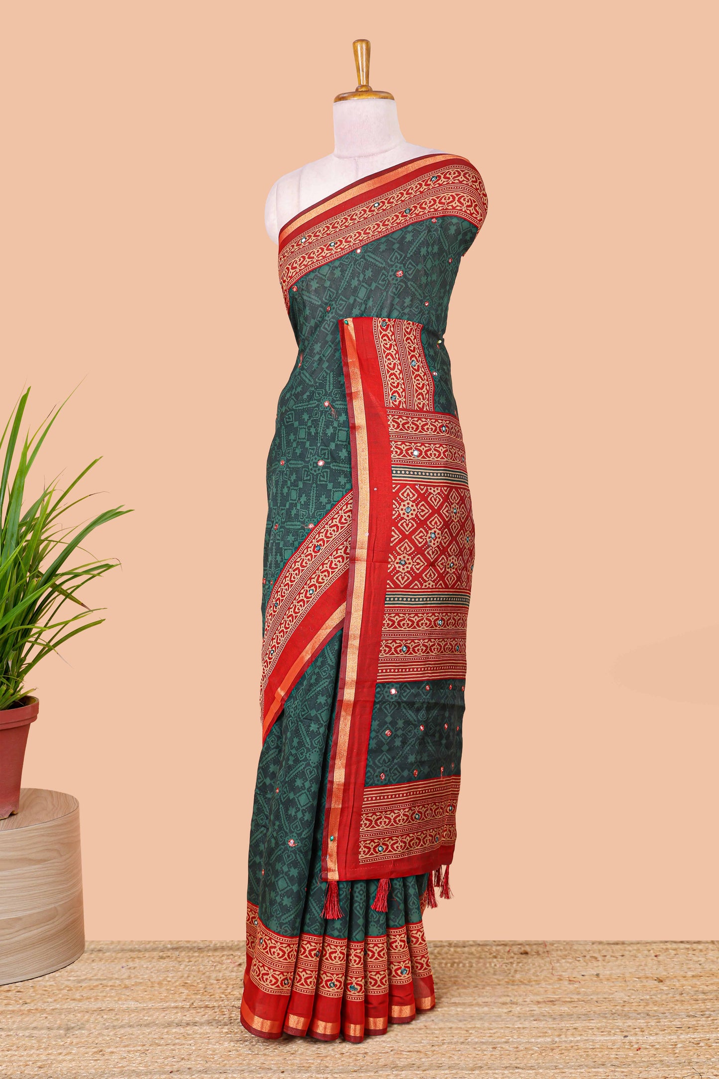 Green chanderi cotton geometric diamond mirror work saree with contrast zari border