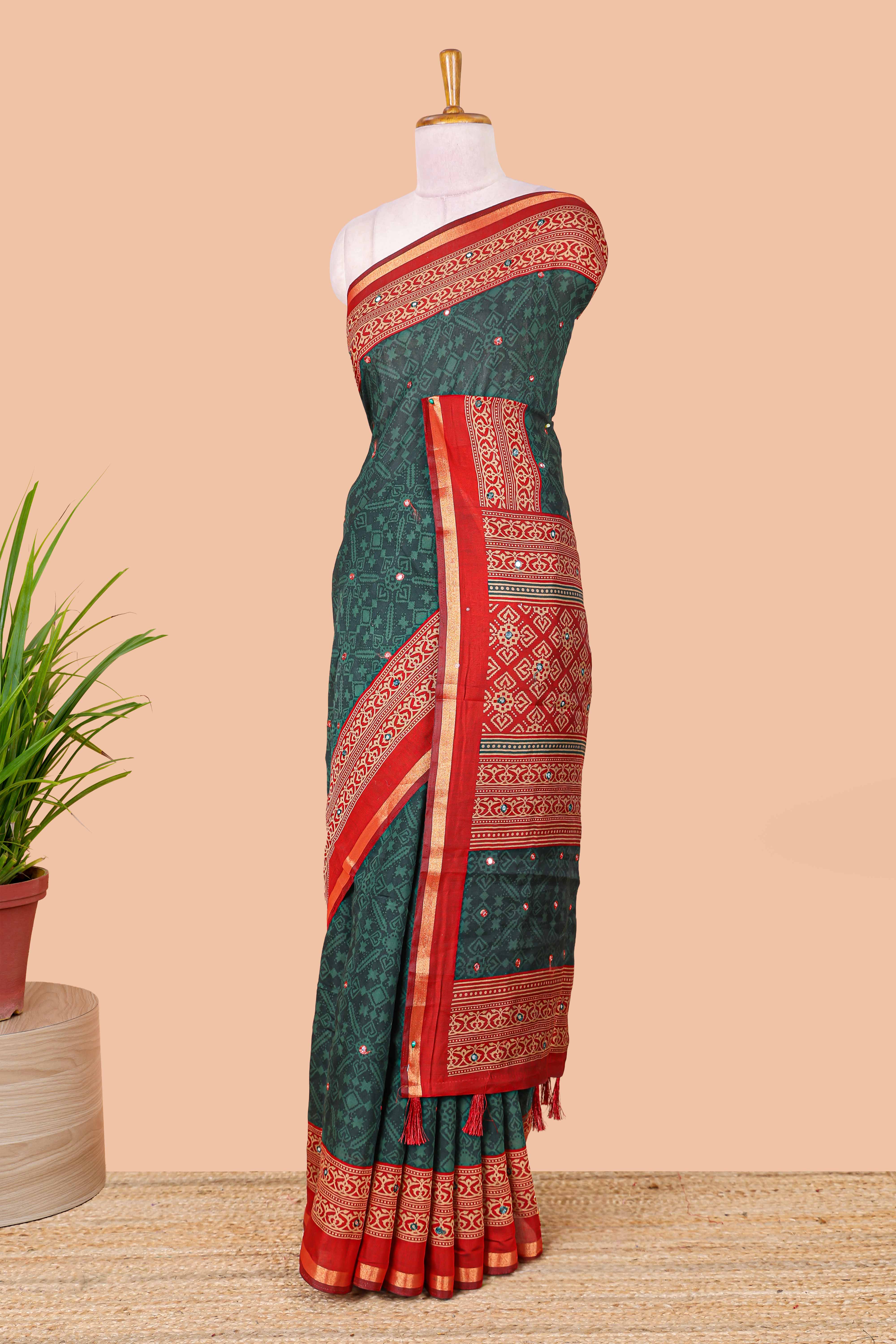 Green chanderi cotton geometric diamond mirror work saree with contrast zari border