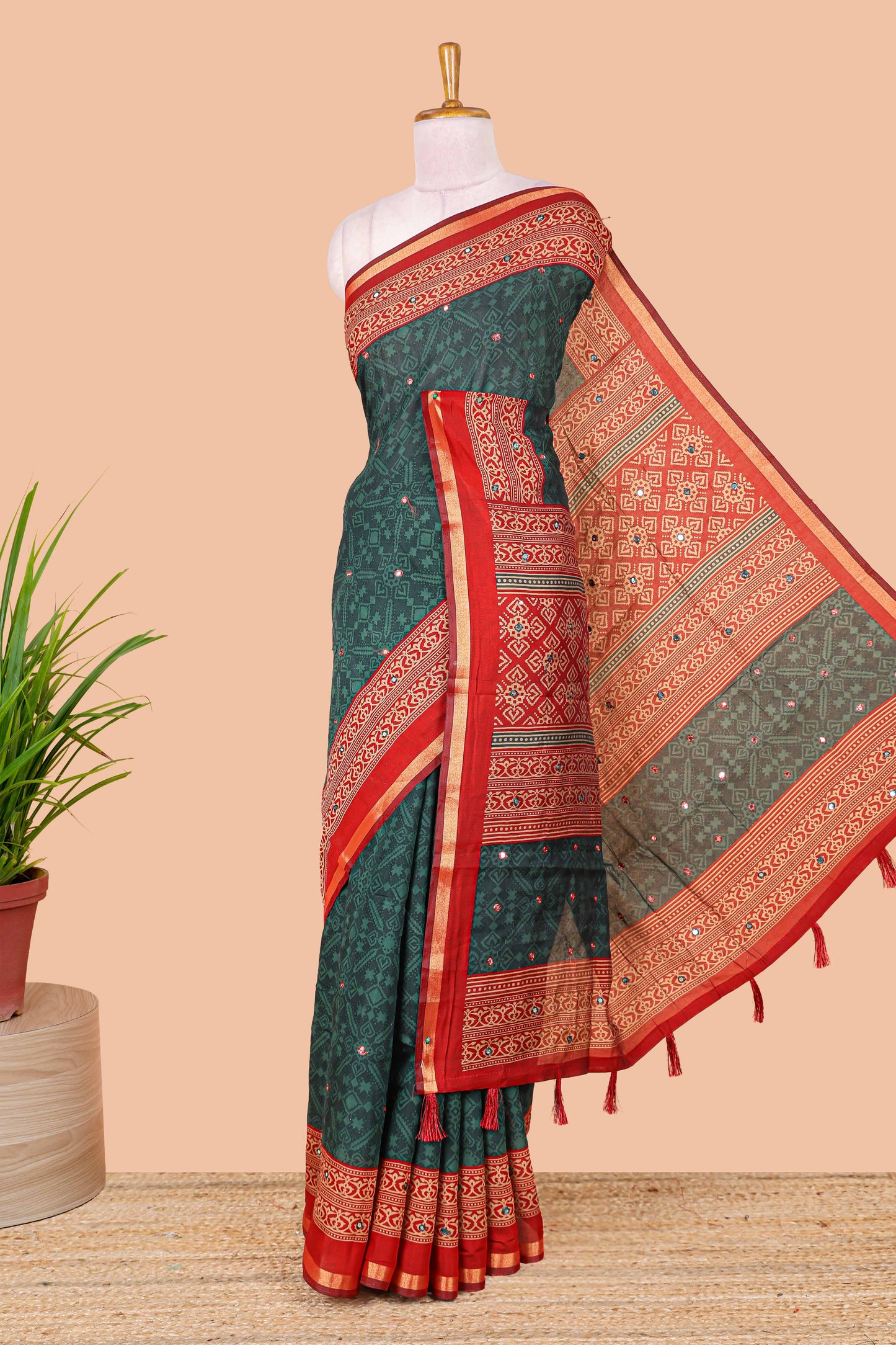 Green chanderi cotton geometric diamond mirror work saree with contrast zari border