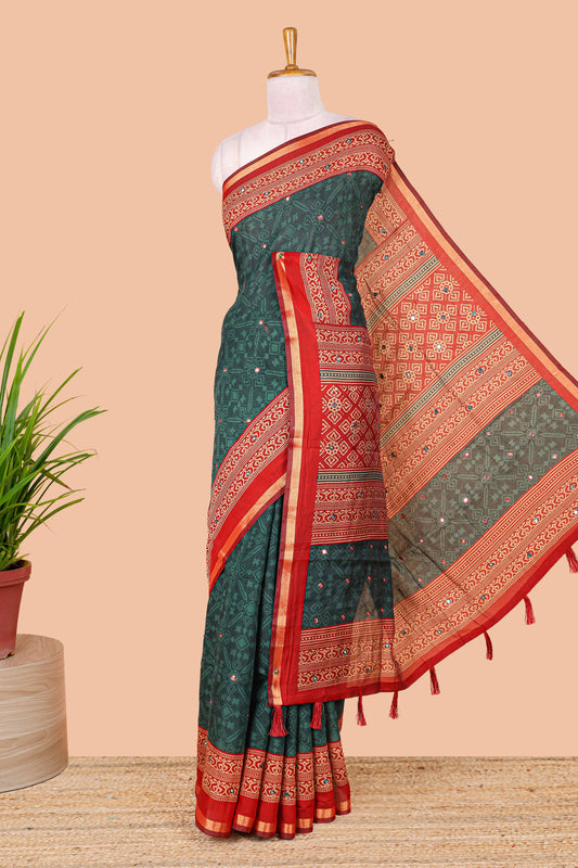 Green chanderi cotton geometric diamond mirror work saree with contrast zari border